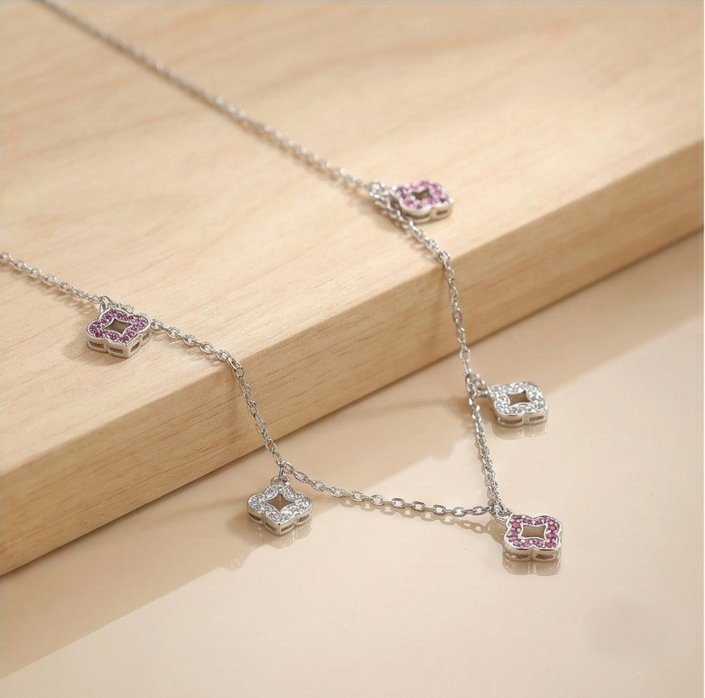 925 Sterling Silver Multi-Charm Clover Floral Station Necklace Jewellery for Women