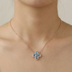 AGOR 925 Sterling Silver Rose Gold Plated Blue Stone Flower Pendant Necklace Jewellery