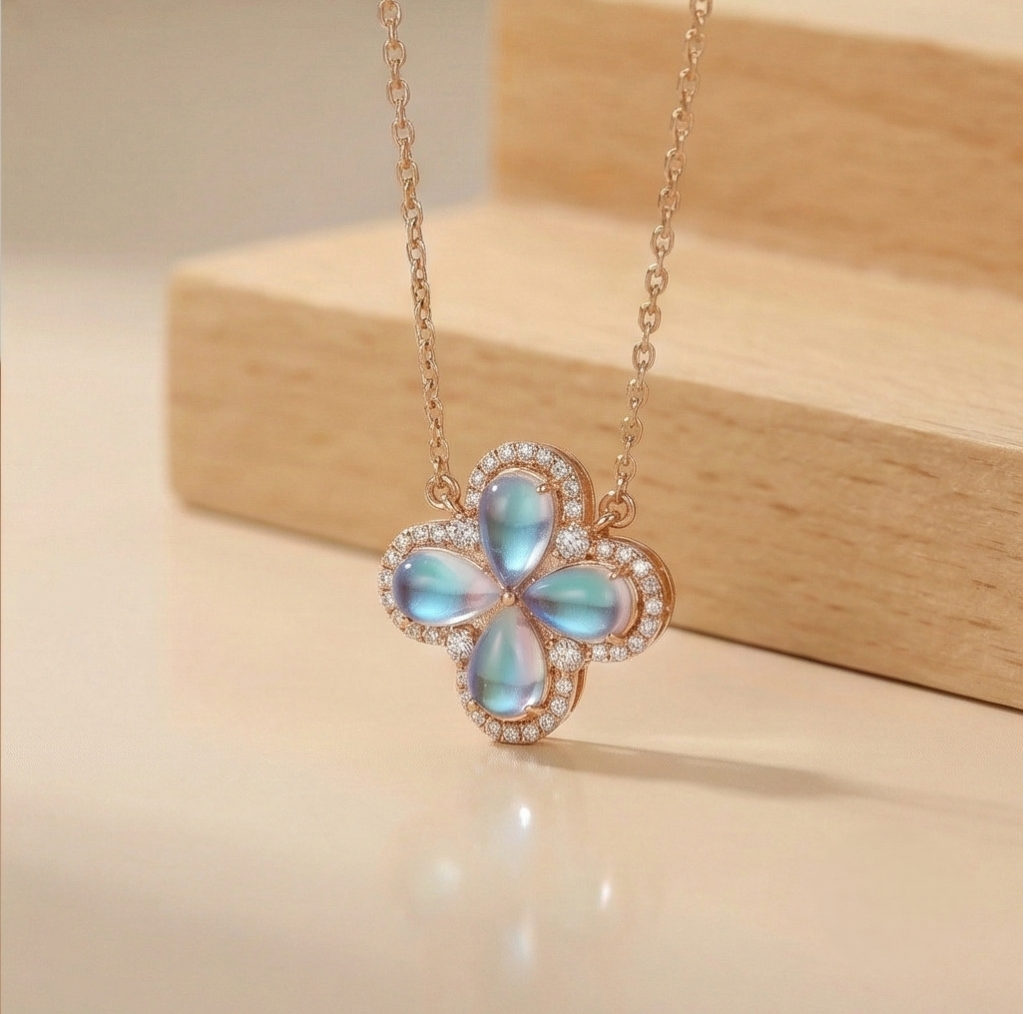 AGOR 925 Sterling Silver Rose Gold Plated Blue Stone Flower Pendant Necklace Jewellery