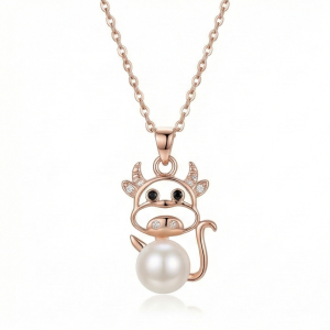 AGOR 925 Sterling Silver Rose Gold Plated Playful Cow Pearl Pendant Necklace Jewellery for Women and Girls