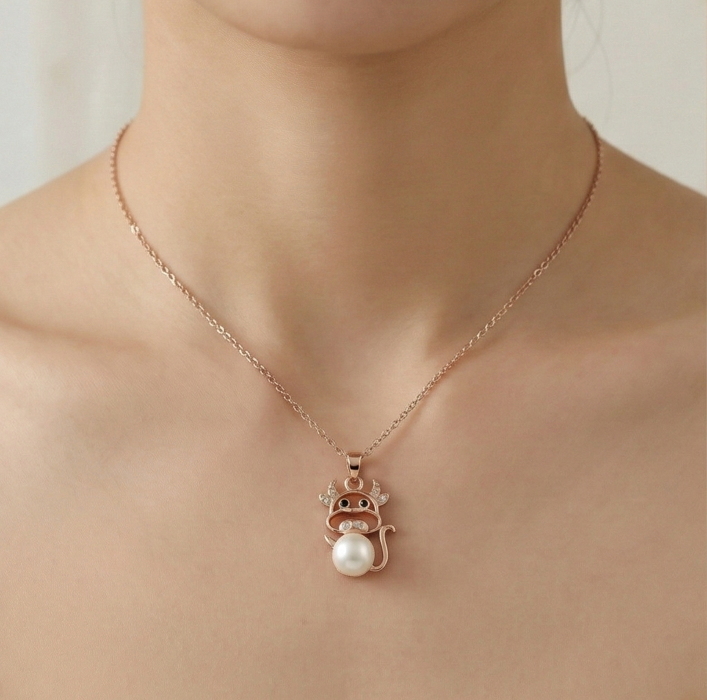 925 Sterling Silver Rose Gold Plated Playful Cow Pearl Pendant Necklace Jewellery for Women and Girls