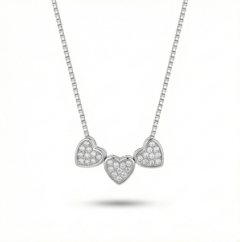 AGOR 925 Sterling Silver Triple Heart Station Necklace High Polish Jewellery for Women