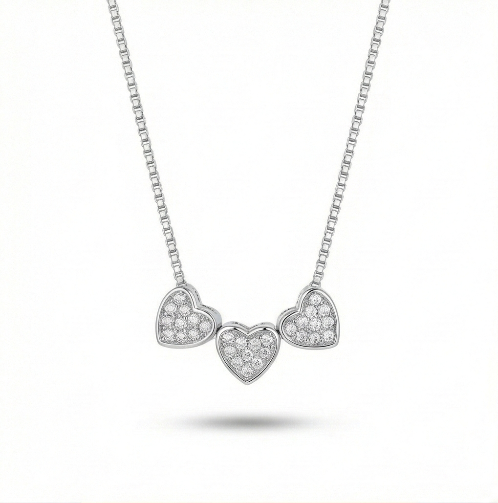 925 Sterling Silver Triple Heart Station Necklace High Polish Jewellery for Women