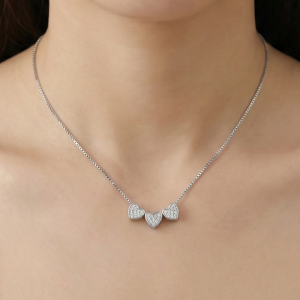 AGOR 925 Sterling Silver Triple Heart Station Necklace High Polish Jewellery for Women
