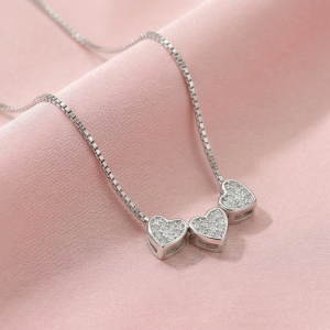 AGOR 925 Sterling Silver Triple Heart Station Necklace High Polish Jewellery for Women