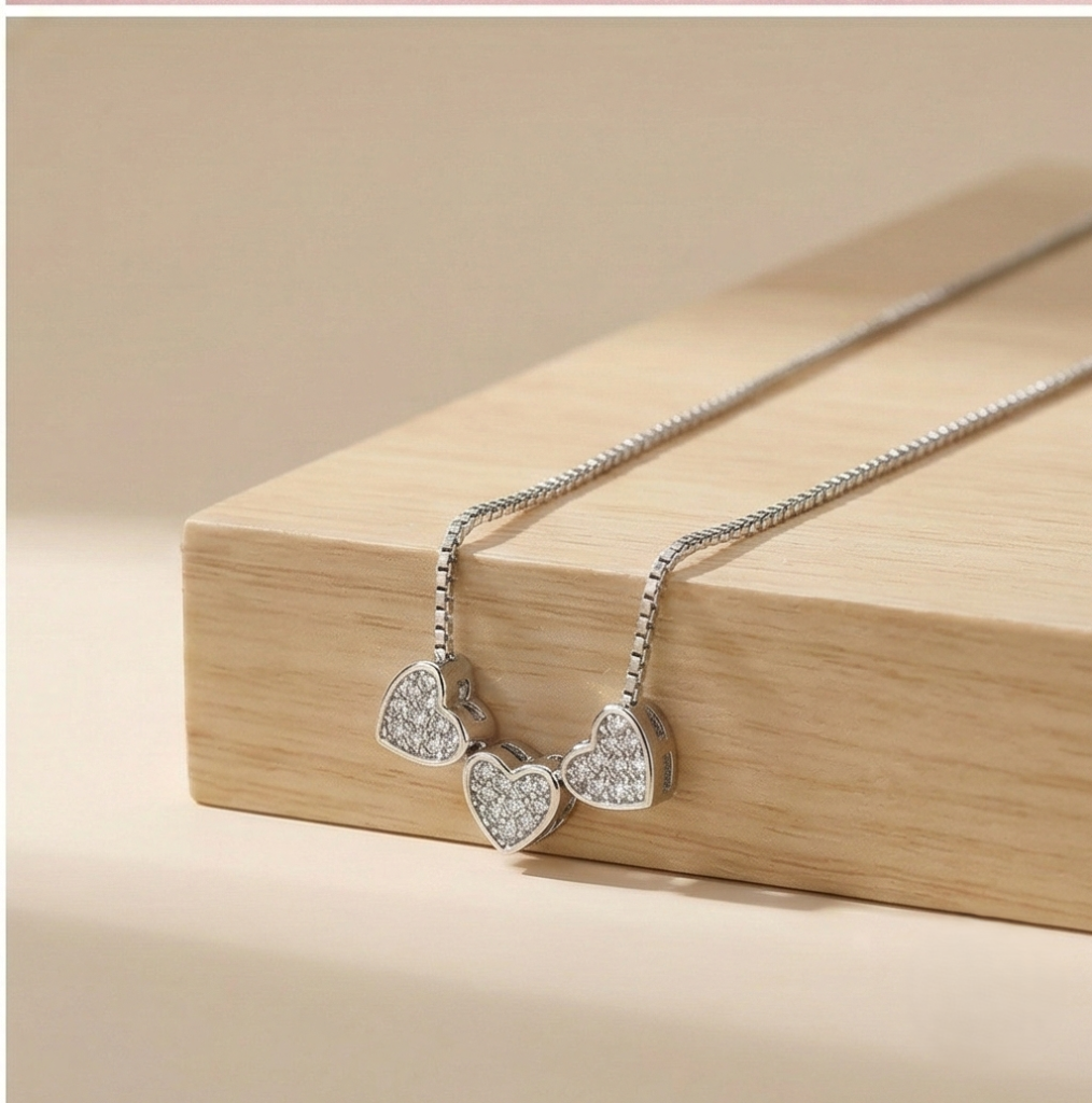 AGOR 925 Sterling Silver Triple Heart Station Necklace High Polish Jewellery for Women