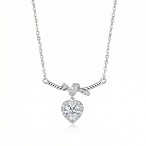 AGOR 925 Sterling Silver Ribbon Bow and Heart Halo Pendant Necklace Jewellery for Women