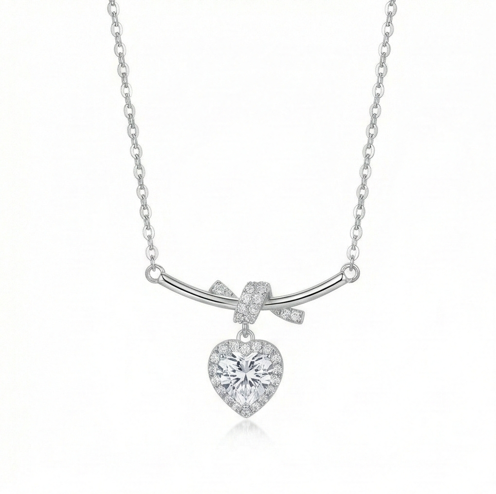 925 Sterling Silver Ribbon Bow and Heart Halo Pendant Necklace Jewellery for Women