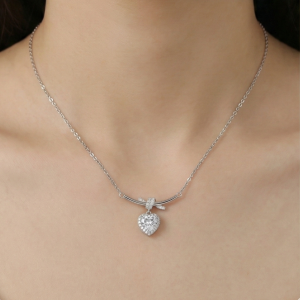 925 Sterling Silver Ribbon Bow and Heart Halo Pendant Necklace Jewellery for Women