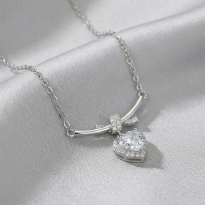 AGOR 925 Sterling Silver Ribbon Bow and Heart Halo Pendant Necklace Jewellery for Women