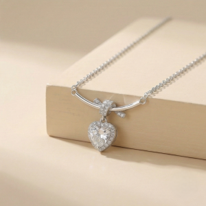 AGOR 925 Sterling Silver Ribbon Bow and Heart Halo Pendant Necklace Jewellery for Women