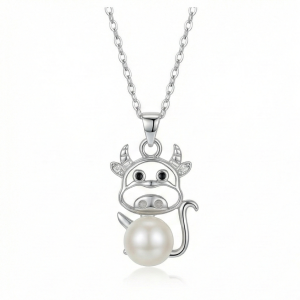 AGOR 925 Sterling Silver Playful Cow Pearl Pendant Necklace Jewellery for Girls and Women