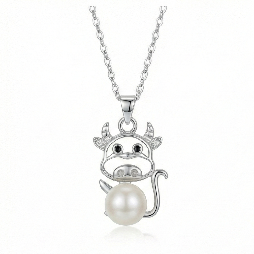 925 Sterling Silver Playful Cow Pearl Pendant Necklace Jewellery for Girls and Women