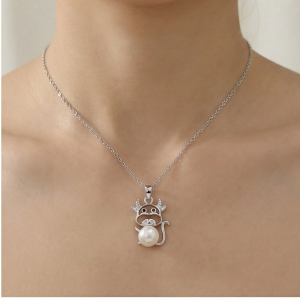 AGOR 925 Sterling Silver Playful Cow Pearl Pendant Necklace Jewellery for Girls and Women