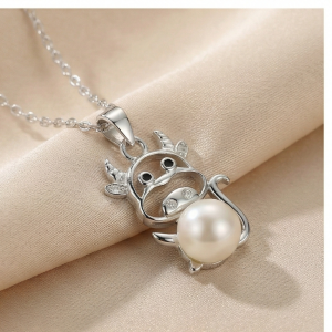 AGOR 925 Sterling Silver Playful Cow Pearl Pendant Necklace Jewellery for Girls and Women