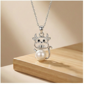 AGOR 925 Sterling Silver Playful Cow Pearl Pendant Necklace Jewellery for Girls and Women