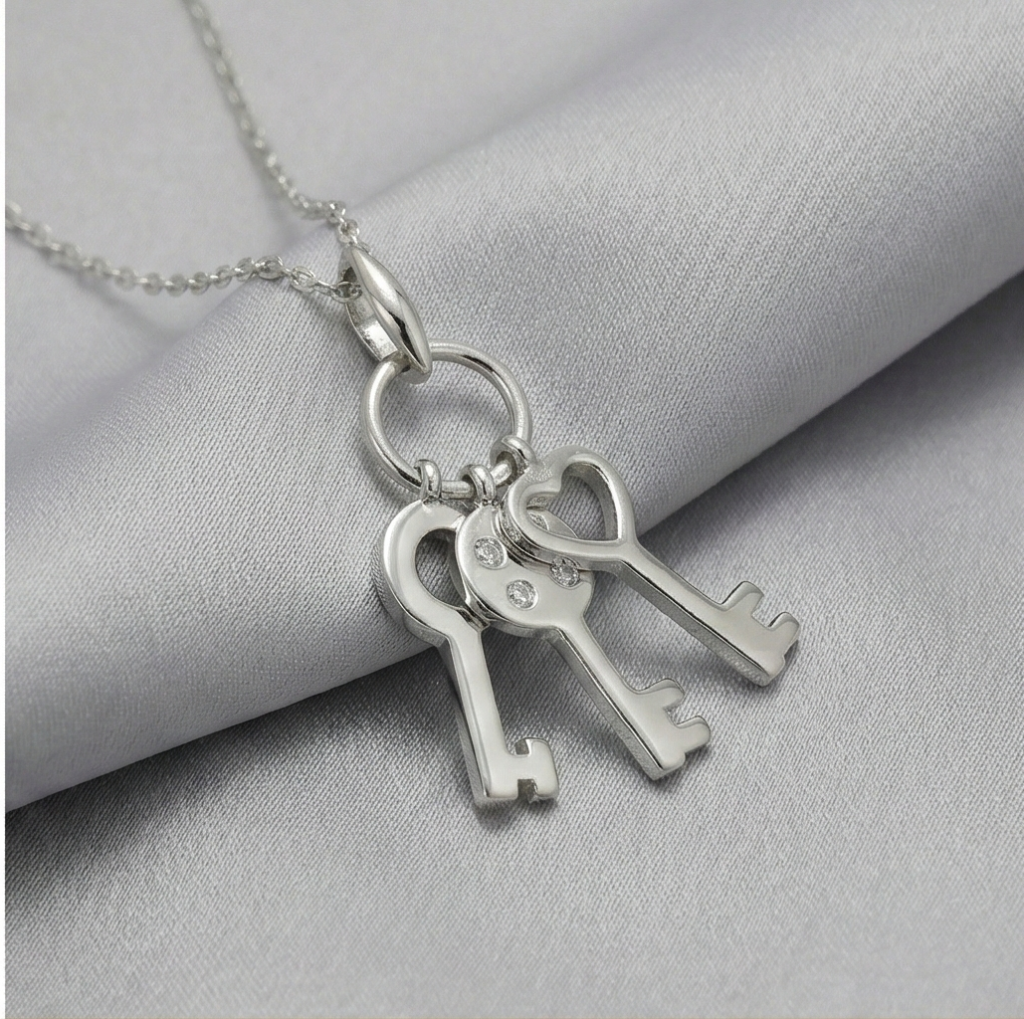 AGOR 925 Sterling Silver Trio Key Charm Pendant Necklace Jewellery for Women and Girls