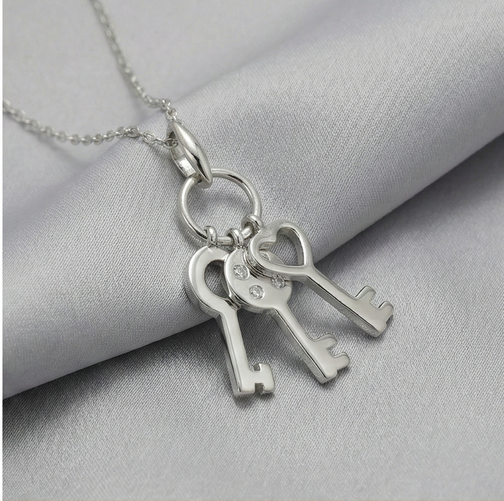 925 Sterling Silver Trio Key Charm Pendant Necklace Jewellery for Women and Girls