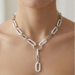 AGOR 925 Sterling Silver Modern White Oval Link Paperclip Chain Y-Necklace Jewellery