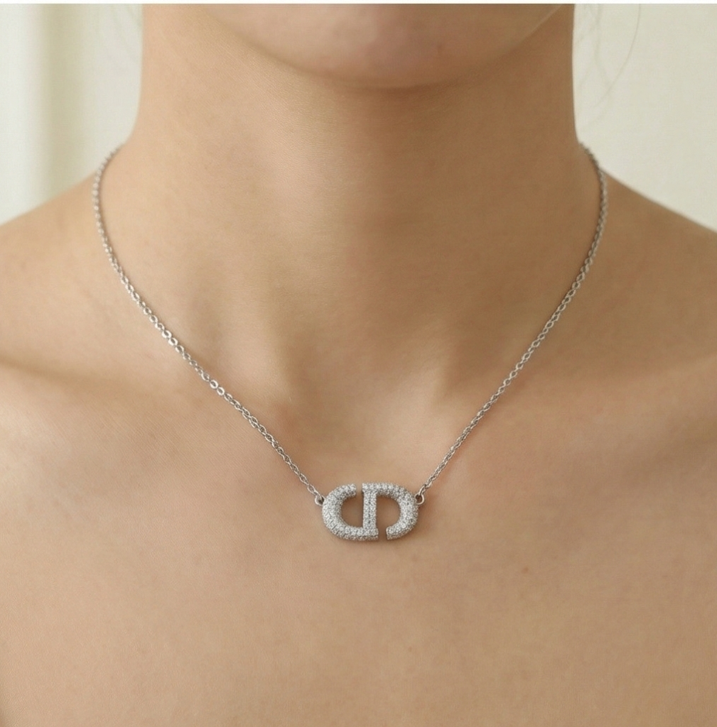 AGOR 925 Sterling Silver Pave Set Interlocking Initial Pendant Necklace Jewellery for Women