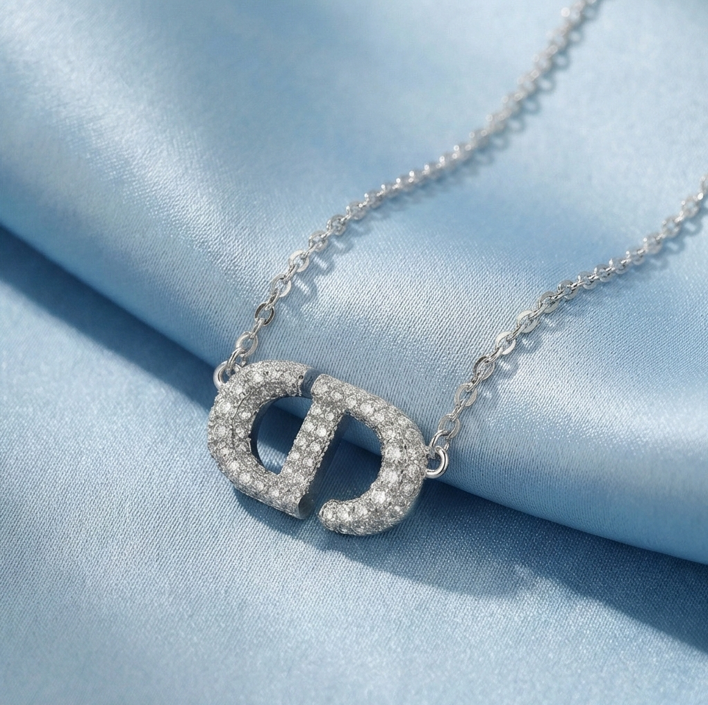 925 Sterling Silver Pave Set Interlocking Initial Pendant Necklace Jewellery for Women