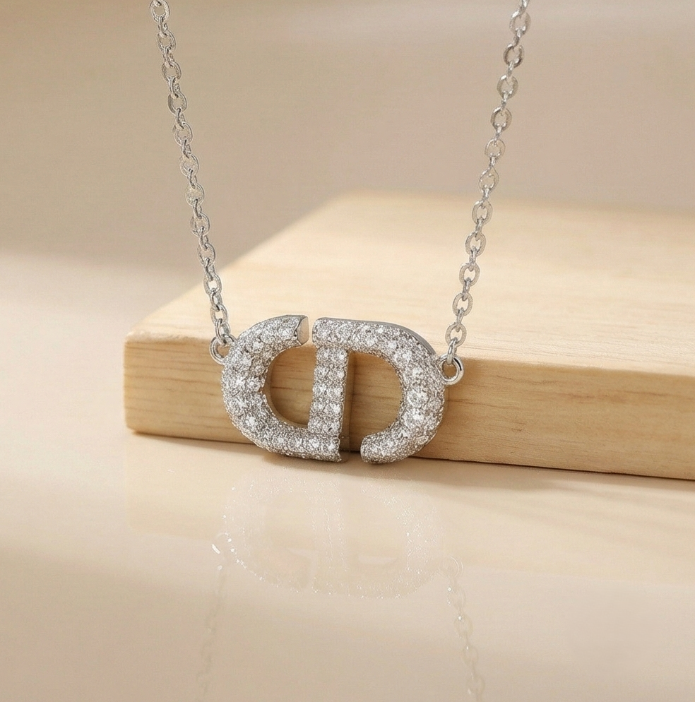 925 Sterling Silver Pave Set Interlocking Initial Pendant Necklace Jewellery for Women