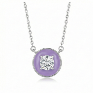 AGOR 925 Sterling Silver Lavender Enamel Circle Pendant Necklace Jewellery with Rhodium Finish