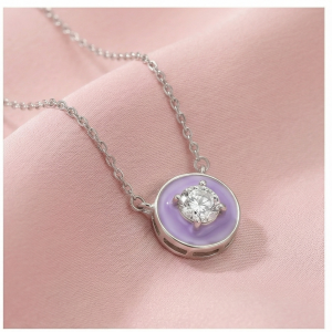 AGOR 925 Sterling Silver Lavender Enamel Circle Pendant Necklace Jewellery with Rhodium Finish