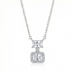 AGOR 925 Sterling Silver Double Geometric Drop Stone Pendant Necklace Jewellery for Women