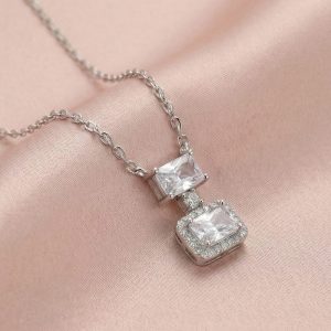 AGOR 925 Sterling Silver Double Geometric Drop Stone Pendant Necklace Jewellery for Women