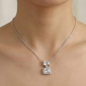 AGOR 925 Sterling Silver Double Geometric Drop Stone Pendant Necklace Jewellery for Women
