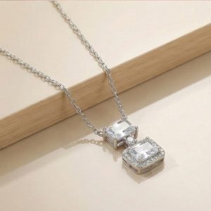 AGOR 925 Sterling Silver Double Geometric Drop Stone Pendant Necklace Jewellery for Women