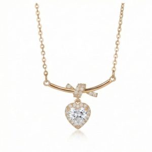 AGOR 925 Sterling Silver Rose Gold Plated Ribbon Bow Heart Pendant Necklace Jewellery for Women