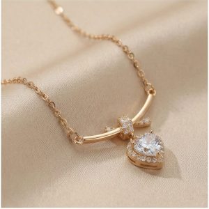 AGOR 925 Sterling Silver Rose Gold Plated Ribbon Bow Heart Pendant Necklace Jewellery for Women