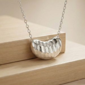 AGOR 925 Sterling Silver Faceted Geometric Textured Bean Pendant Necklace Jewellery for Women