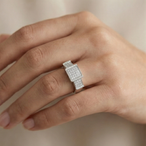 AGOR 925 Sterling Silver Geometric Square Pave Setting Ring Jewellery for Women