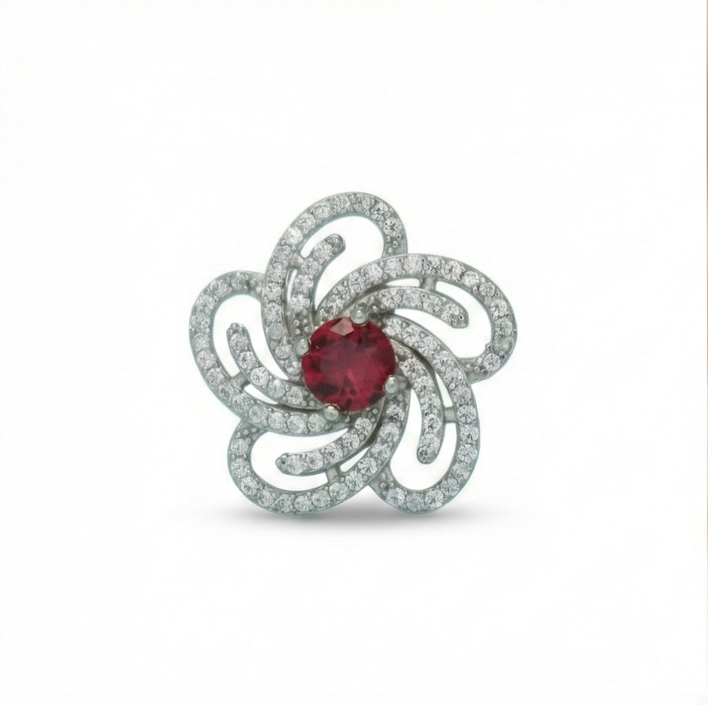 AGOR 925 Sterling Silver Floral Swirl Red Stone Ring Jewellery for Women