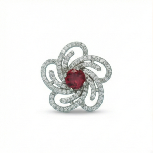 AGOR 925 Sterling Silver Floral Swirl Red Stone Ring Jewellery for Women