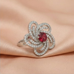 AGOR 925 Sterling Silver Floral Swirl Red Stone Ring Jewellery for Women