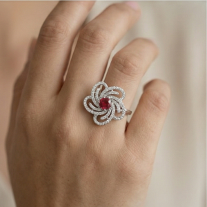 AGOR 925 Sterling Silver Floral Swirl Red Stone Ring Jewellery for Women