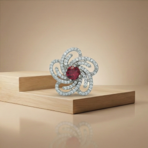 AGOR 925 Sterling Silver Floral Swirl Red Stone Ring Jewellery for Women
