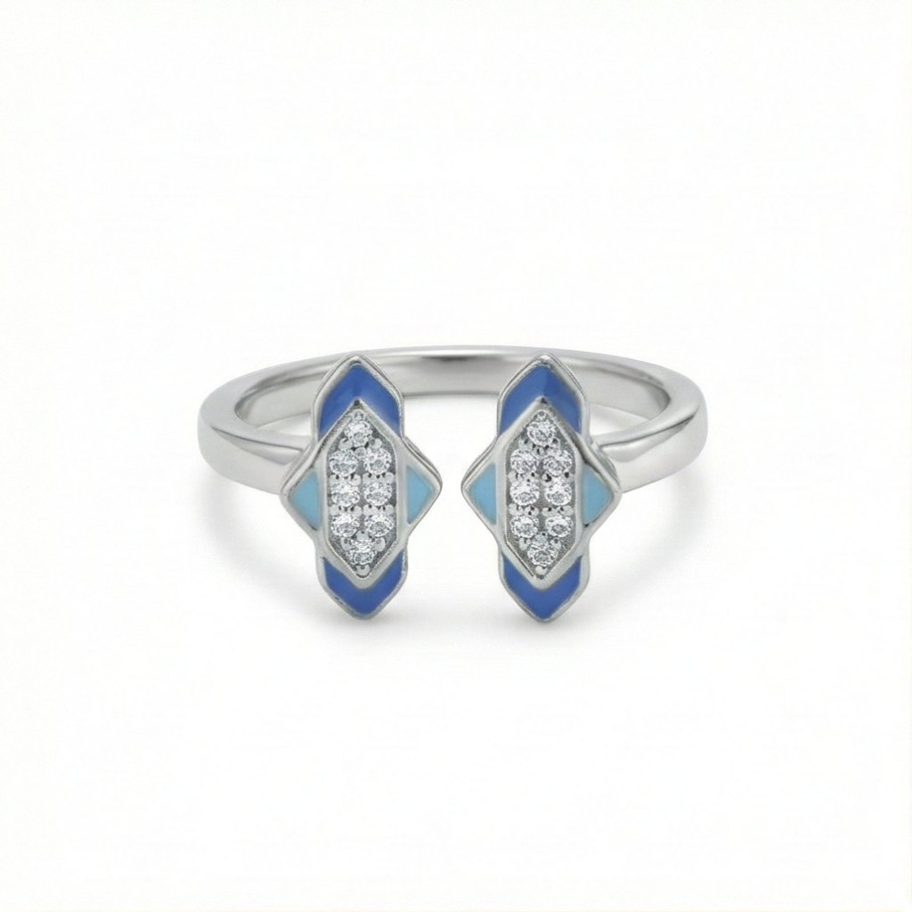 AGOR 925 Sterling Silver Blue Enamel Geometric Open Cuff Ring Jewellery for Women