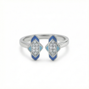 AGOR 925 Sterling Silver Blue Enamel Geometric Open Cuff Ring Jewellery for Women