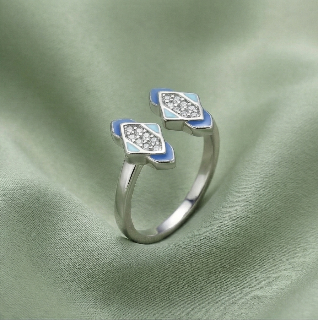 925 Sterling Silver Blue Enamel Geometric Open Cuff Ring Jewellery for Women