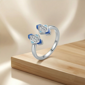 AGOR 925 Sterling Silver Blue Enamel Geometric Open Cuff Ring Jewellery for Women