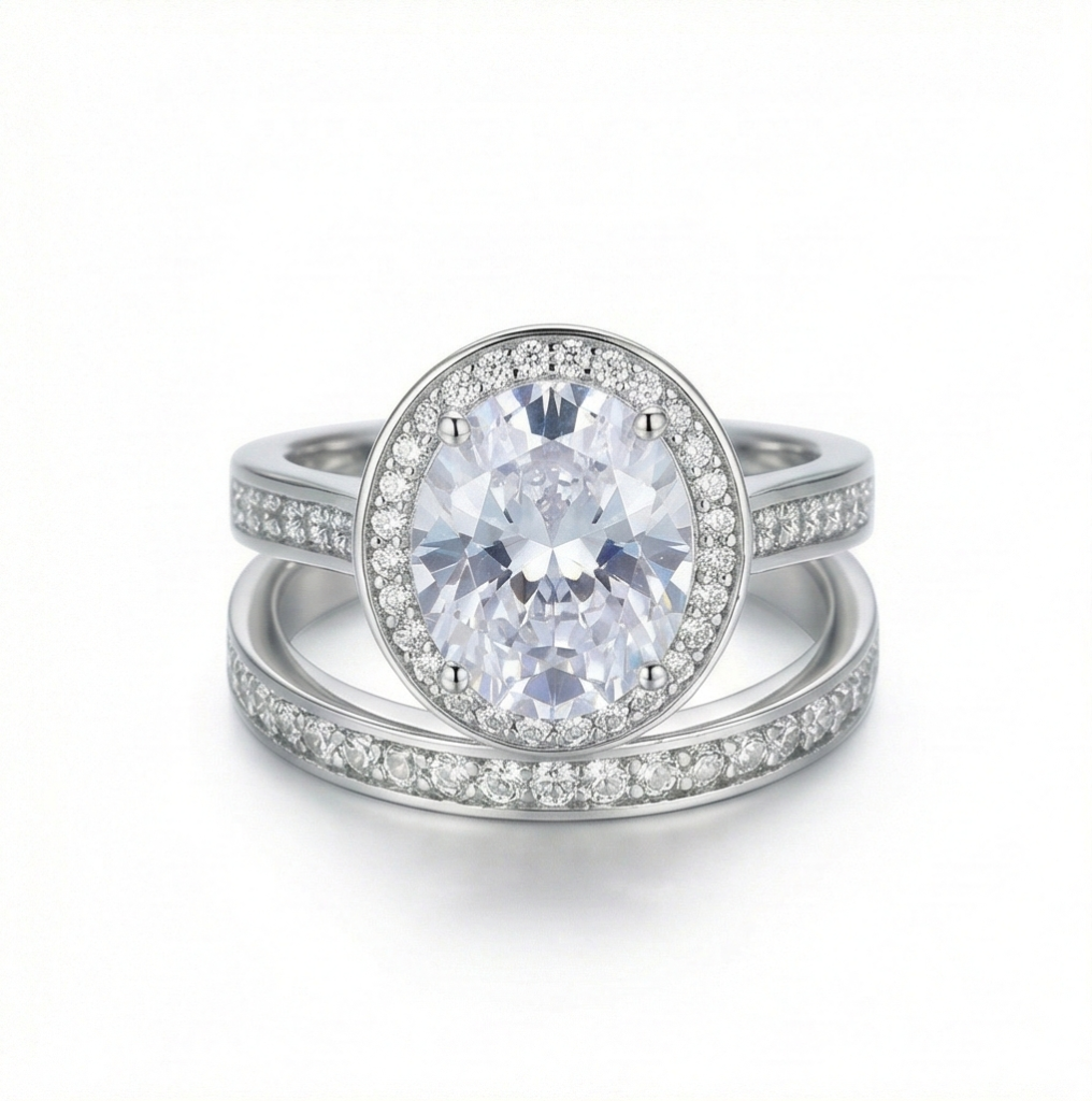 AGOR 925 Sterling Silver Oval Halo Bridal Set of 2 Rings Jewellery for Women