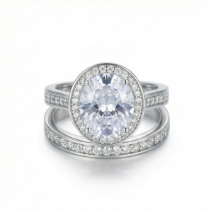 AGOR 925 Sterling Silver Oval Halo Bridal Set of 2 Rings Jewellery for Women