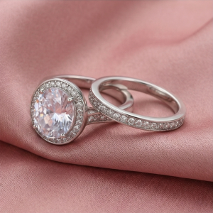 925 Sterling Silver Oval Halo Bridal Set of 2 Rings Jewellery for Women