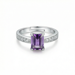 AGOR 925 Sterling Silver Emerald Cut Purple Stone Adjustable Ring Jewellery for Women