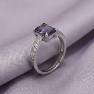 AGOR 925 Sterling Silver Emerald Cut Purple Stone Adjustable Ring Jewellery for Women